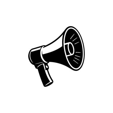 Elde taşınabilen bir megafonun koyu siyah beyaz vektör çizimi. Bu yüksek kontrastlı grafik beyaz zemin üzerinde temiz çizgiler ve modern bir minimalist tasarım içerir..