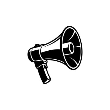 Elde taşınabilen bir megafonun koyu siyah beyaz vektör çizimi. Bu yüksek kontrastlı grafik beyaz zemin üzerinde temiz çizgiler ve modern bir minimalist tasarım içerir..