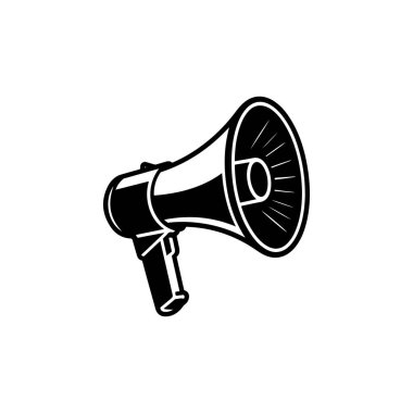 Elde taşınabilen bir megafonun koyu siyah beyaz vektör çizimi. Bu yüksek kontrastlı grafik beyaz zemin üzerinde temiz çizgiler ve modern bir minimalist tasarım içerir..