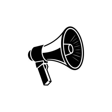 Elde taşınabilen bir megafonun koyu siyah beyaz vektör çizimi. Bu yüksek kontrastlı grafik beyaz zemin üzerinde temiz çizgiler ve modern bir minimalist tasarım içerir..