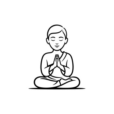 Nilüfer çiçeğinde oturmuş dua eden birinin huzurlu siyah-beyaz vektör çizimi. Barış, zen ve farkındalığı tasvir eden minimalist çizgi sanatı.