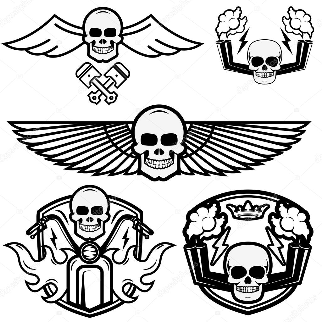Biker theme labels. skulls with wings.