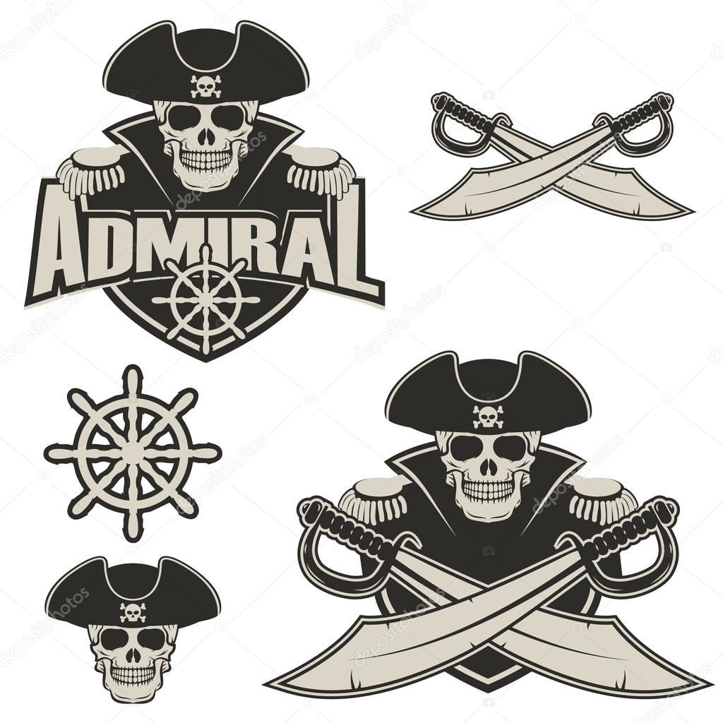 Admiral label and logo design template. Pirate skull with two cross swords. Vector illustration.