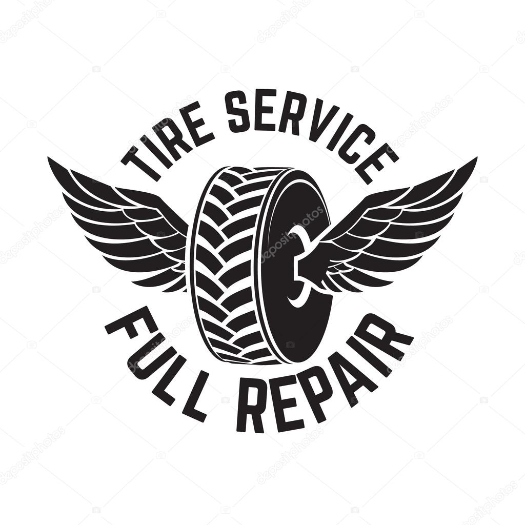Tire service, full repair. Tire shop and service emblem, vector design element.