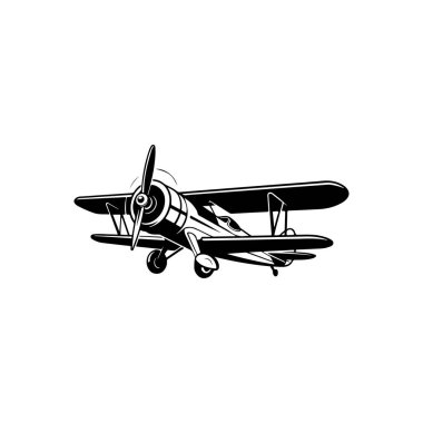 Klasik bir çift kanatlı uçağın detaylı siyah-beyaz çizimi. Bu yüksek kontrastlı retro havacılık grafiği beyaz arkaplanda bir pervane ve çift kanatlara sahiptir..