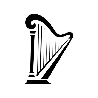 Klasik bir müzik arpının siyah beyaz vektör simgesi. Bu minimalist siluet zarif sicimler ve çerçeve içerir, logo tasarımı veya müzikal markalaşma için mükemmeldir..