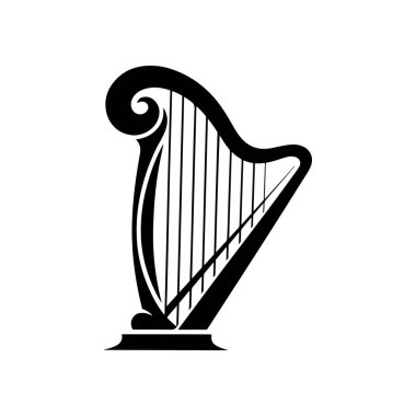 Klasik bir müzik arpının siyah beyaz vektör simgesi. Bu minimalist siluet zarif sicimler ve çerçeve içerir, logo tasarımı veya müzikal markalaşma için mükemmeldir..