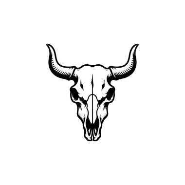 Büyük kavisli boynuzları olan bir boğa kafatasının detaylı siyah ve beyaz vektör çizimi. Temiz beyaz bir arkaplanda izole edilmiş yüksek kontrastlı çöl tarzı bir grafik