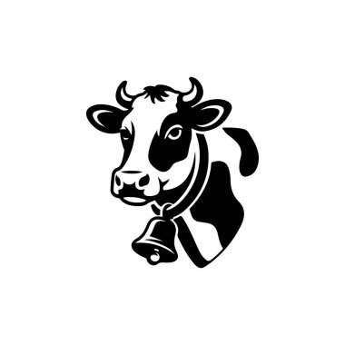 Geleneksel çan takan bir ineğin siyah-beyaz çizimi. Bu temiz, stilize edilmiş hayvan portresi süt çiftliği logoları ve organik markalaşma için mükemmel..