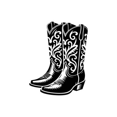 Klasik dekore edilmiş kovboy çizmelerinin detaylı siyah beyaz çizimi. Bu yüksek kontrastlı batı ayakkabı tasarımı temiz beyaz bir arkaplanda izole edilmiştir..