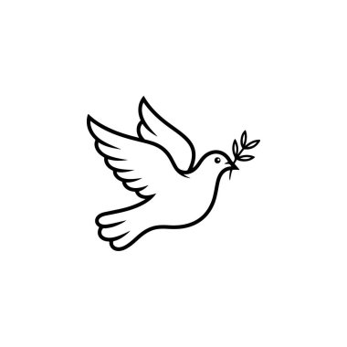 Elinde zeytin dalı tutan uçan bir güvercinin siyah beyaz vektör ikonu. Bu minimalist kuş silueti barışı temsil eder ve logolar, işaretler ve markalar için idealdir..