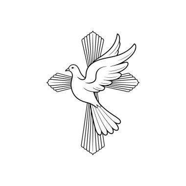Hristiyan haçı önünde ışık huzmeleriyle uçan barışçıl bir güvercinin siyah-beyaz bir temsili. Logolar ve dini işaretler için ruhani bir amblem.