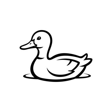 Suda yüzen bir ördeğin siyah beyaz vektör çizgisi çizimi. Temiz, minimalist su kuşu silueti doğa simgeleri, logolar ve maskotlar için mükemmel..