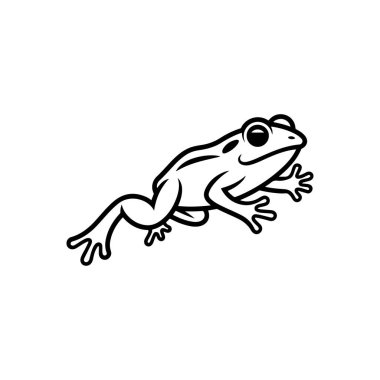 Sıçrayan bir kurbağanın siyah beyaz vektör çizgisi çizimi. Bu temiz, minimalist amfibi silueti doğa temalı simgeler ve logolar için mükemmeldir..