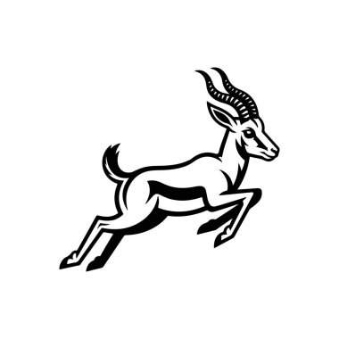 Zarif bir ceylanın zıplamasının siyah ve beyaz bir temsili. Bu temiz ve dinamik hayvan silueti zarif boynuzlara sahip, spor ve doğa logoları için ideal..