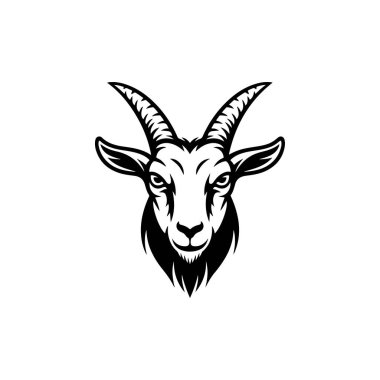 Eğri boynuzları ve sakalı olan bir dağ keçisinin güçlü siyah beyaz çizimi. Beyaz arka planda, temiz ve yüksek kontrastlı bir hayvan maskotu..