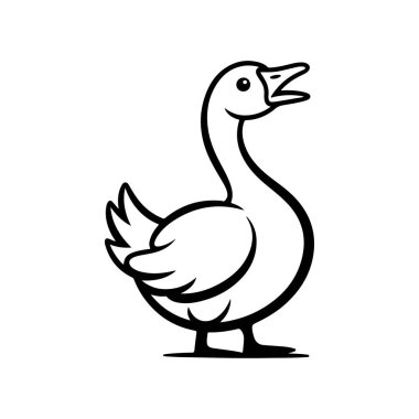 Evcil bir kazın duruş şeklinin siyah beyaz vektör çizgisi çizimi. Bu temiz, minimalist su kuşu silueti çiftlik temalı logolar ve simgeler için idealdir..