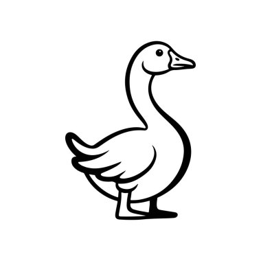 Evcil bir kazın duruş şeklinin siyah beyaz vektör çizgisi çizimi. Bu temiz, minimalist su kuşu silueti çiftlik temalı logolar ve simgeler için idealdir..