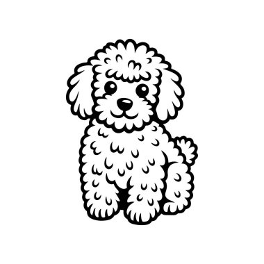 Şirin, siyah beyaz çizgili, pofuduk bir Maltipoo yavrusunun resim çizimi. Bu basit, büyüleyici karikatür tarzı grafik beyaz bir arkaplanda izole edilmiştir..