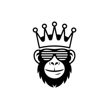 Taçlı ve panjurlu bir maymunun siyah beyaz vektör çizimi. Minimalist ve modern maskot tasarımı beyaz arka planda izole edilmiştir..
