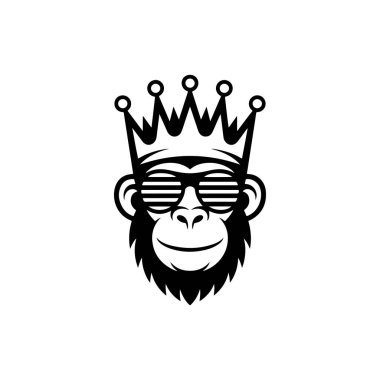 Taçlı ve panjurlu bir maymunun siyah beyaz vektör çizimi. Minimalist ve modern maskot tasarımı beyaz arka planda izole edilmiştir..