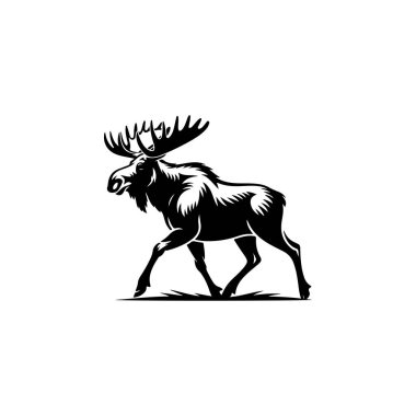 Görkemli bir geyik yürüyüşünün koyu siyah beyaz bir temsili. Bu yüksek kontrastlı vahşi yaşam grafiği büyük palmiye boynuzlarına sahiptir ve beyaz üzerinde izole edilmiştir..