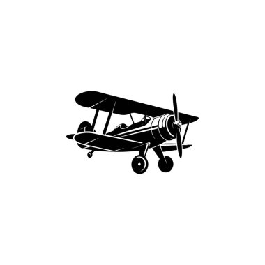 Pervaneli klasik bir çift kanatlı uçağın detaylı bir siyah beyaz vektör çizimi. Beyaz arkaplanda izole edilmiş temiz, yüksek kontrastlı bir retro havacılık simgesi.
