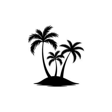 Küçük bir tropikal adada üç palmiye ağacının minimalist siyah beyaz vektör silueti. Beyaz bir arkaplanda izole edilmiş temiz ve yüksek kontrastlı bir yaz tatili grafiği.