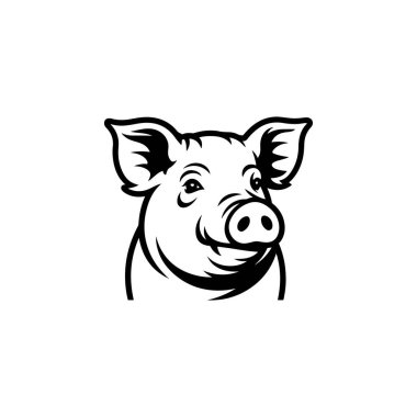 Bir domuz kafasının siyah ve beyaz vektör çizimi. Bu temiz ve dost canlısı çiftlik hayvanı silueti kasap logoları, organik et etiketleri ve maskotlar için mükemmel..