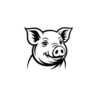 Bir domuz kafasının siyah ve beyaz vektör çizimi. Bu temiz ve dost canlısı çiftlik hayvanı silueti kasap logoları, organik et etiketleri ve maskotlar için mükemmel..