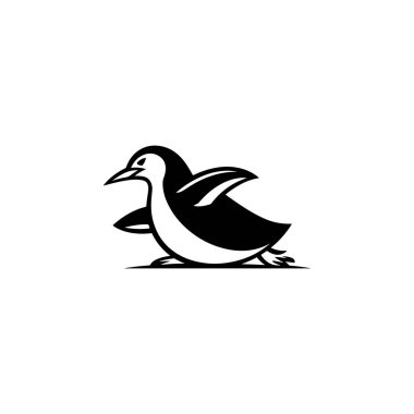 Göbeğinde kayan sevimli bir penguenin siyah-beyaz çizimi. Bu temiz, minimalist uçamayan kuş silueti kış temalı logolar ve maskotlar için idealdir..