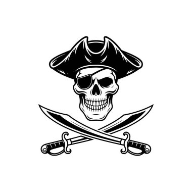 A bold black and white vector illustration of a pirate skull wearing a tricorne hat and eye patch, positioned above crossed cutlass swords. A classic nautical emblem.