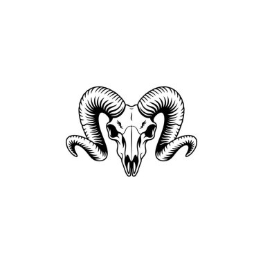 Büyük, kıvrımlı boynuzları olan bir koç kafatasının siyah beyaz vektör çizimi. Bu ayrıntılı kabile tarzı siluet avcılık, çiftlik ve okült temalı logolar için mükemmeldir..