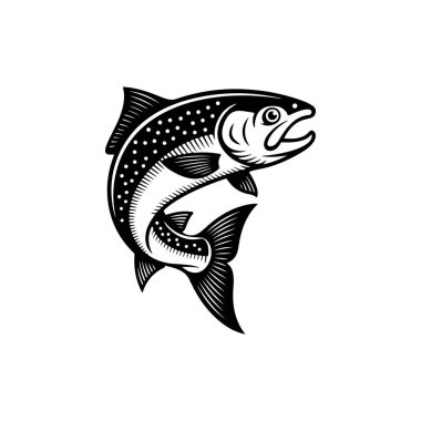 Bir somon balığının atlama hareketinin koyu siyah ve beyaz vektör çizimi. Bu yüksek kontrastlı grafik beyaz zemin üzerinde izole edilmiş ayrıntılı pullar ve yüzgeçler içerir..