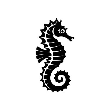 A clean black and white vector illustration of a seahorse. This minimalist, high-contrast marine life graphic features stylized segments and is isolated on white.