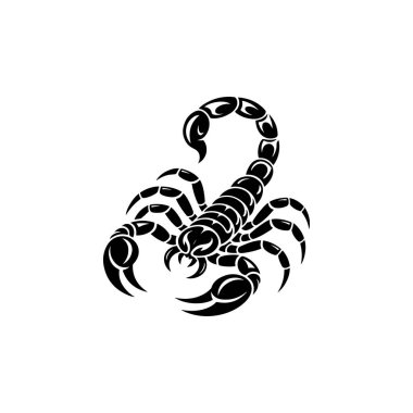 Bir akrebin cesur siyah beyaz vektör çizimi. Bu yüksek kontrastlı grafik beyaz arka planda kavisli bir iğne, keskin kıskaçlar ve segmentli bir gövdeye sahiptir..