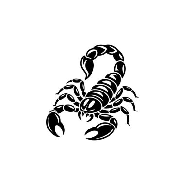 Bir akrebin cesur siyah beyaz vektör çizimi. Bu yüksek kontrastlı grafik beyaz arka planda kavisli bir iğne, keskin kıskaçlar ve segmentli bir gövdeye sahiptir..