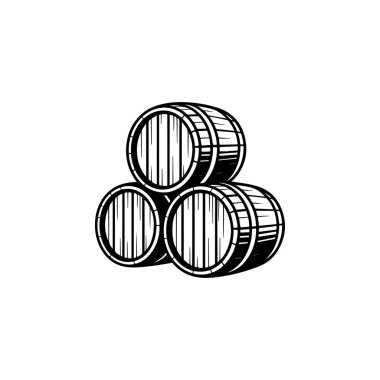 Üç ahşap varilden oluşan cesur bir siyah beyaz vektör çizimi. Bu yüksek kontrastlı grafik beyaz bir arkaplanda izole edilmiş kırsal, geleneksel bir tasarımı içerir..