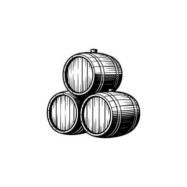 Üç ahşap varilden oluşan cesur bir siyah beyaz vektör çizimi. Bu yüksek kontrastlı grafik beyaz bir arkaplanda izole edilmiş kırsal, geleneksel bir tasarımı içerir..