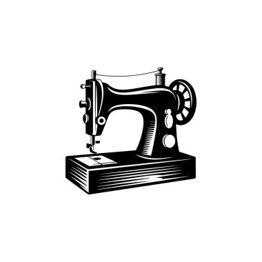 Klasik bir dikiş makinesinin koyu siyah beyaz vektör çizimi. Bu yüksek kontrastlı grafik beyaz bir arkaplanda izole edilmiş klasik mekanik ayrıntıları içerir.