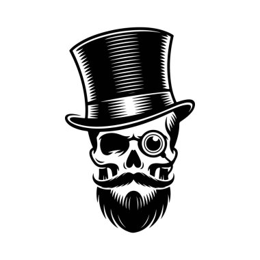 Bir silindir şapka, tek gözlük ve bakımlı sakallı bir insan kafatasının sofistike siyah ve beyaz vektör çizimi. Şık bir centilmen amblemi..