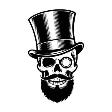 Bir silindir şapka, tek gözlük ve bakımlı sakallı bir insan kafatasının sofistike siyah ve beyaz vektör çizimi. Şık bir centilmen amblemi..