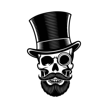 Bir silindir şapka, tek gözlük ve bakımlı sakallı bir insan kafatasının sofistike siyah ve beyaz vektör çizimi. Şık bir centilmen amblemi..