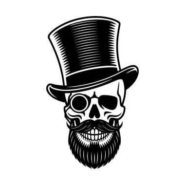 Bir silindir şapka, tek gözlük ve bakımlı sakallı bir insan kafatasının sofistike siyah ve beyaz vektör çizimi. Şık bir centilmen amblemi..