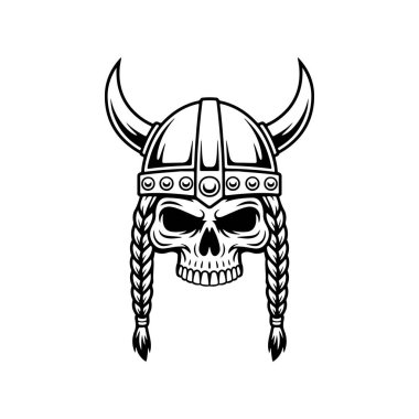 Bir Viking kafatasının koyu siyah ve beyaz vektör çizimi. Bu yüksek kontrastlı grafikte boynuzlu bir kask, örgülü saçlar ve beyaz bir arka planda sakal var..