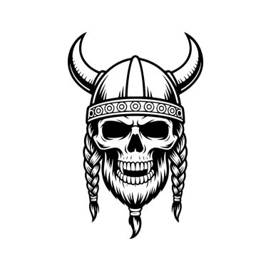 Bir Viking kafatasının koyu siyah ve beyaz vektör çizimi. Bu yüksek kontrastlı grafikte boynuzlu bir kask, örgülü saçlar ve beyaz bir arka planda sakal var..