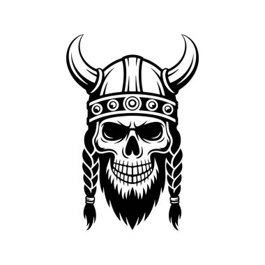 Bir Viking kafatasının koyu siyah ve beyaz vektör çizimi. Bu yüksek kontrastlı grafikte boynuzlu bir kask, örgülü saçlar ve beyaz bir arka planda sakal var..
