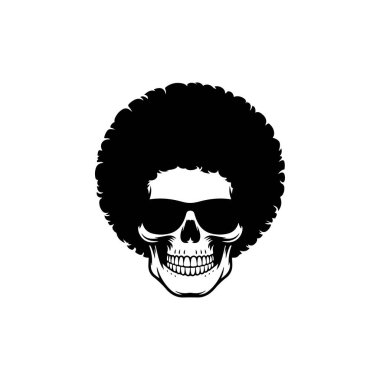 Büyük, yuvarlak, afro saç stili ve şık güneş gözlüklü bir insan kafatasının yaratıcı siyah-beyaz çizimi. Modern yüksek kontrastlı grafik sanatı.