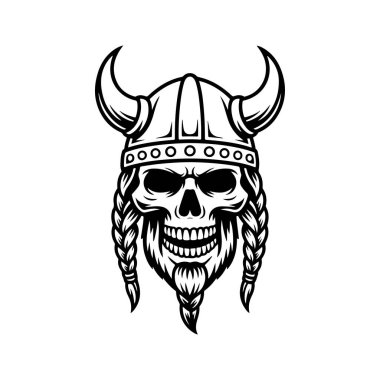 Bir Viking kafatasının koyu siyah ve beyaz vektör çizimi. Bu yüksek kontrastlı grafikte boynuzlu bir kask, örgülü saçlar ve beyaz bir arka planda sakal var..