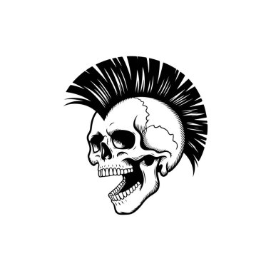 Çığlık atan bir insan kafatasının çarpıcı siyah-beyaz çizimi. Büyük, detaylı bir mohawk saç stili. Cesur, yüksek kontrastlı punk rock grafik sanatı.